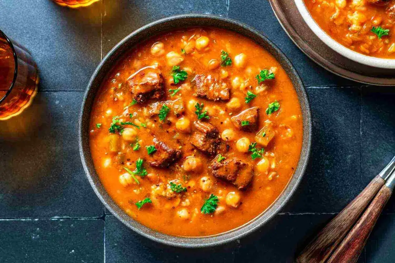 Un bol de recette harira berbère, une soupe copieuse aux pois chiches, morceaux de viande et persil frais, prête à être dégustée.