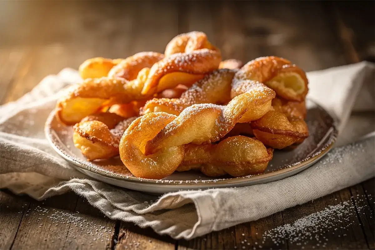Assiette de bugnes au four saupoudr&eacute;es de sucre glace, sur un fond en bois rustique.