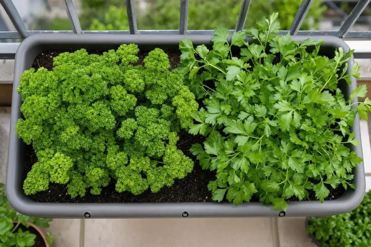 Deux variétés de persil poussent dans une jardinière : frisé et plat. Le persil jaunit peut encore être consommé s'il n'est pas trop abîmé.
