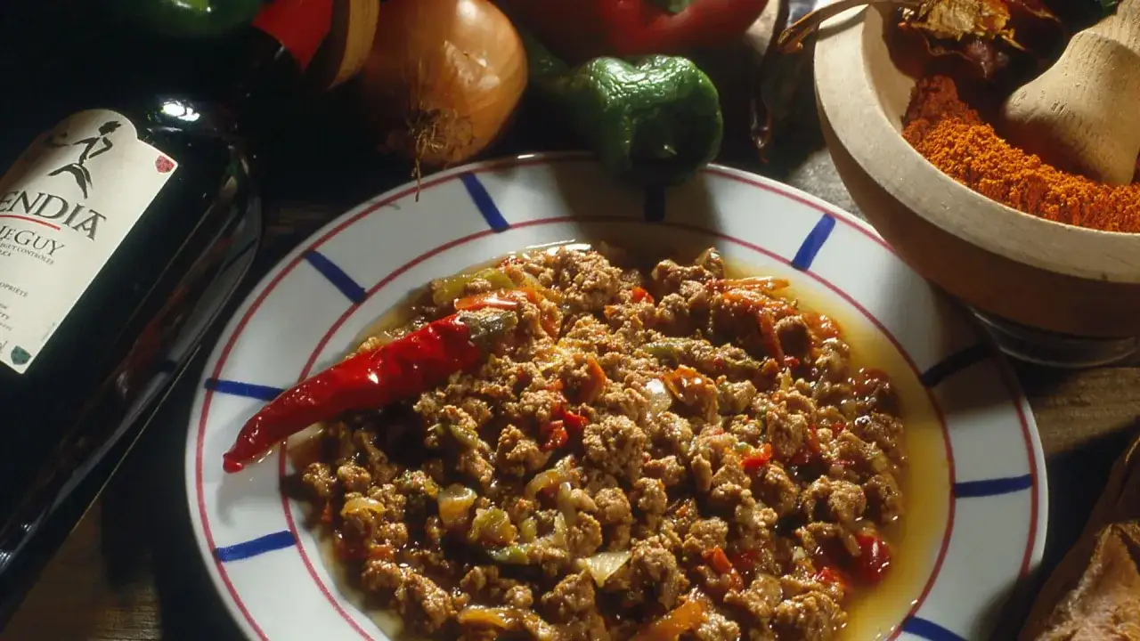 Un plat d'axoa de veau, garni d'un piment rouge, prêt à être dégusté. Peut-on préparer un axoa de veau la veille ? Oui, il sera encore meilleur !