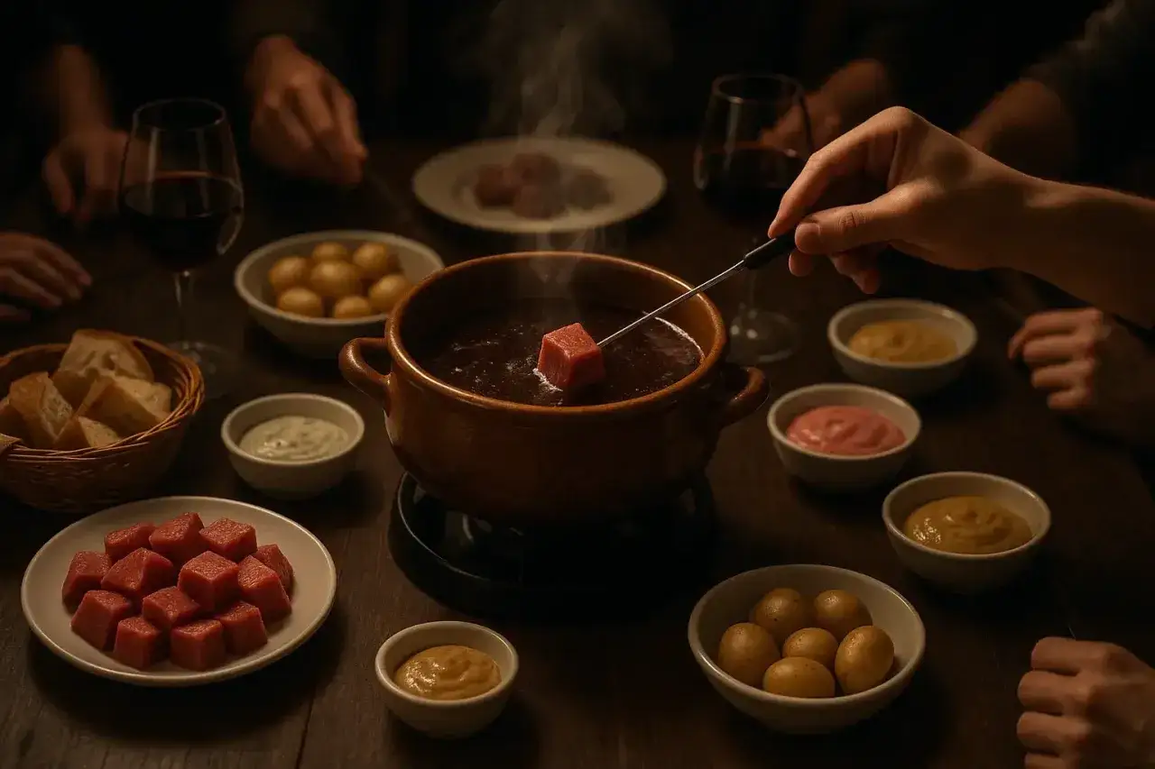 Une fondue au bouillon cube réconfortante, avec des dés de viande, des pommes de terre et du pain.