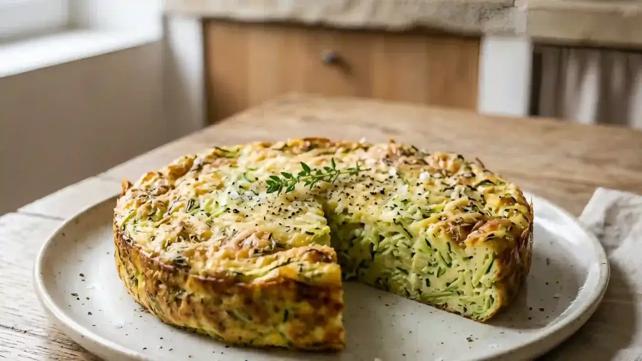 Flan de courgettes doré et savoureux, garni de thym frais et de poivre noir, prêt à être dégusté.