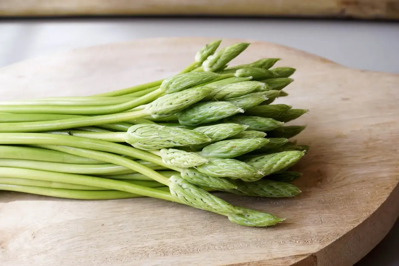 Un bouquet de pousses d'asperges vertes, aux pointes délicatement fermées, repose sur une planche en bois.