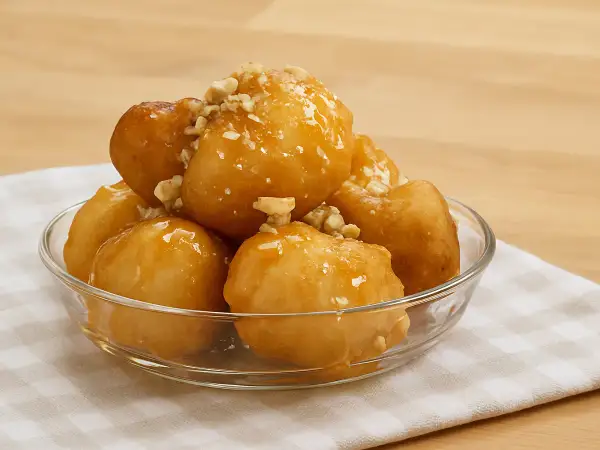 Des boules au miel dorées et croustillantes, garnies de noix concassées, servies dans un bol en verre sur une serviette à carreaux.