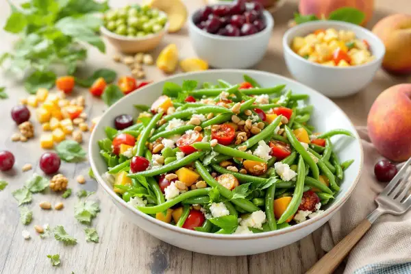 Salade colorée de haricots verts, tomates cerises, dés de mangue et fromage blanc émietté, parsemée de pignons. Un délice frais et léger.