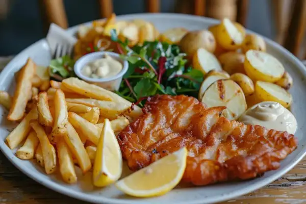 Délicieuse recette carpe frite à la bière, servie avec frites croustillantes, pommes de terre rôties, salade et sauce tartare.