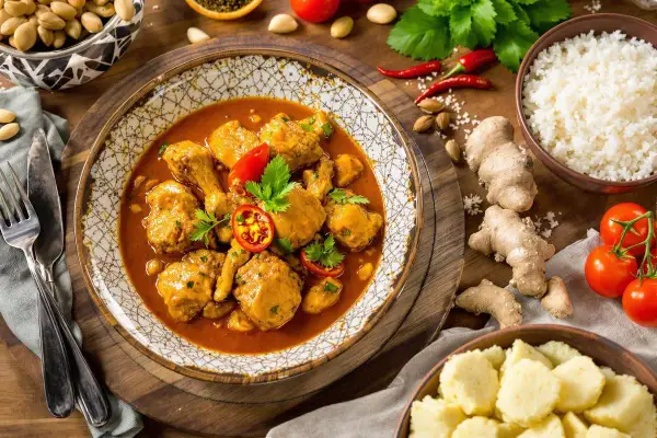 Un plat de poulet moambe savoureux, garni de tomates et de persil, servi avec du riz blanc et des accompagnements.