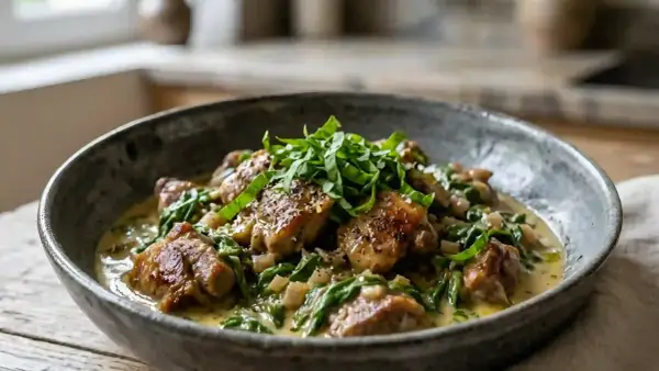 Un plat réconfortant de chevreau à l'oseille, mijoté dans une sauce crémeuse et garni d'herbes fraîches.