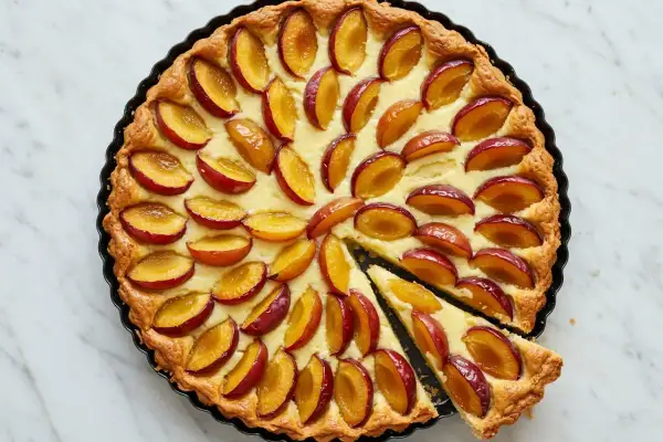 Tarte aux pommes et mirabelles, garnie d'une crème onctueuse et de fruits rouges et jaunes. Un délice !