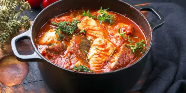 Poisson en sauce tomate épicée, un plat savoureux inspiré par la recette du beurre rouge antillais.