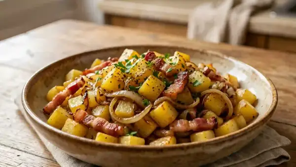 Un plat appétissant de recette maouche aux pommes de terre, oignons et lardons, garni de persil frais.