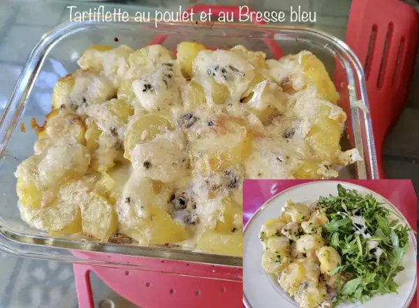 Plat gratiné de pommes de terre et poulet au Bresse bleu, une délicieuse recette bressiflette, servi avec une salade verte.