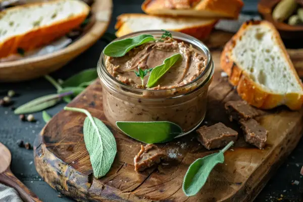 Pâté de sanglier artisanal dans un bocal, garni de sauge. Le dosage sel et poivre pour pâté de sanglier est parfait. Servi avec des tranches de pain grillé.