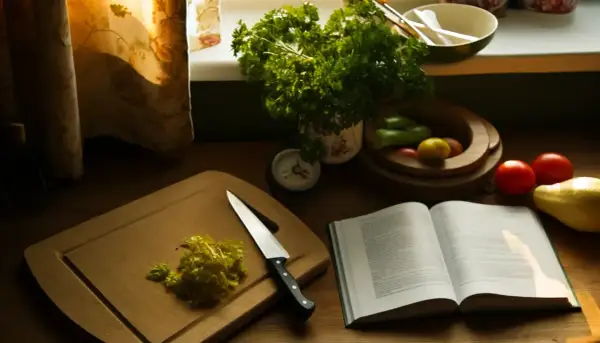 Sur une planche à découper, du persil jauni est prêt à être utilisé. Une recette ouverte et des légumes attendent. Peut-on manger du persil jauni ?