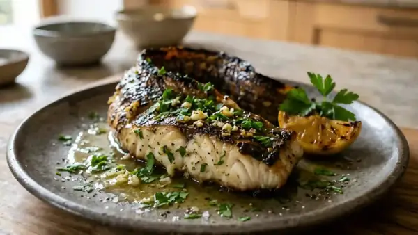 Un délicieux filet de poisson grillé, garni d'ail et de persil, baignant dans une sauce citronnée. Une inspiration pour votre prochaine recette murene.