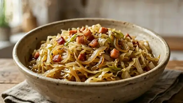 Un bol de chou polonais kapusta, un plat réconfortant avec des morceaux de lard fumé et des oignons caramélisés.