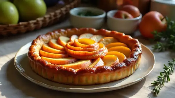 Une magnifique tarte tatin inratable, aux pommes caramélisées et à la pâte dorée, prête à être dégustée.
