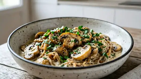 Un plat de champignons à la crème, parsemé de persil frais et de poivre noir. Une délicieuse recette oronges à la crème.