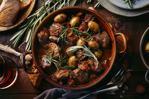 Un savoureux ragout corse mijote dans une cocotte en terre cuite, garni d'olives et de romarin. Du pain croustillant et un verre de vin rouge complètent ce plat réconfortant.