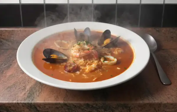Une délicieuse soupe au riz grand-mère fumante, garnie de crevettes, moules, calamars et chorizo.
