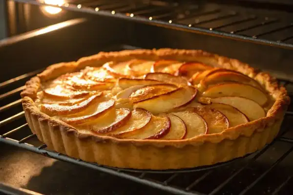 Une tarte fine aux pommes caramélisées dore dans le four, ses bords ondulés et ses fines tranches de pommes brillent sous la lumière chaude.