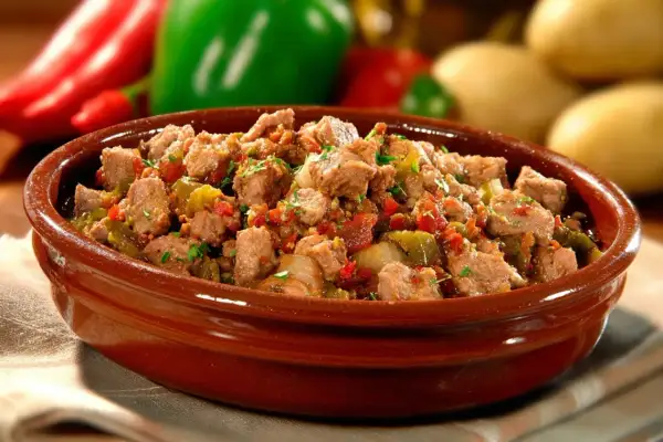 Un plat d'axoa de veau, mijoté avec des poivrons et des oignons, servi dans un bol en terre cuite. Parfait pour savoir si on peut préparer un axoa de veau la veille.